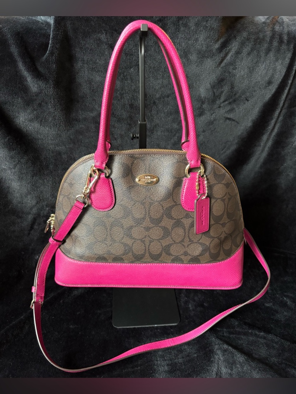 Coach F33904 Cora Domed Satchel Signature Brown/Khaki Fuchsia EUC